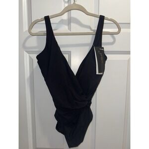 GOTTEX Black Lattice  V Neck‎ Surplice 1 Piece Swimsuit Sz 14 NWT